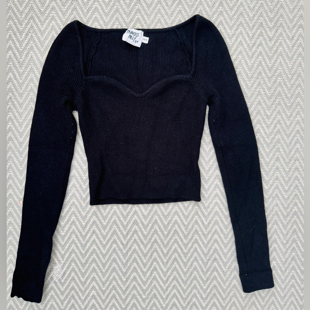 Princess Polly Black Ribbed Sweetheart Neck Crop Top Sweater Sz XS EUC